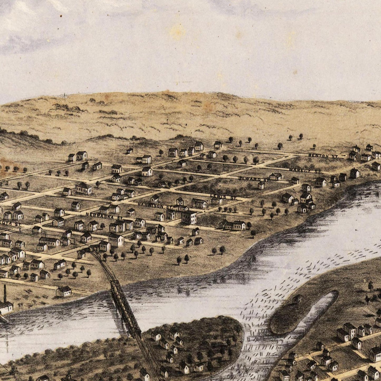 Historische Stadtansicht Minneapolis um 1867