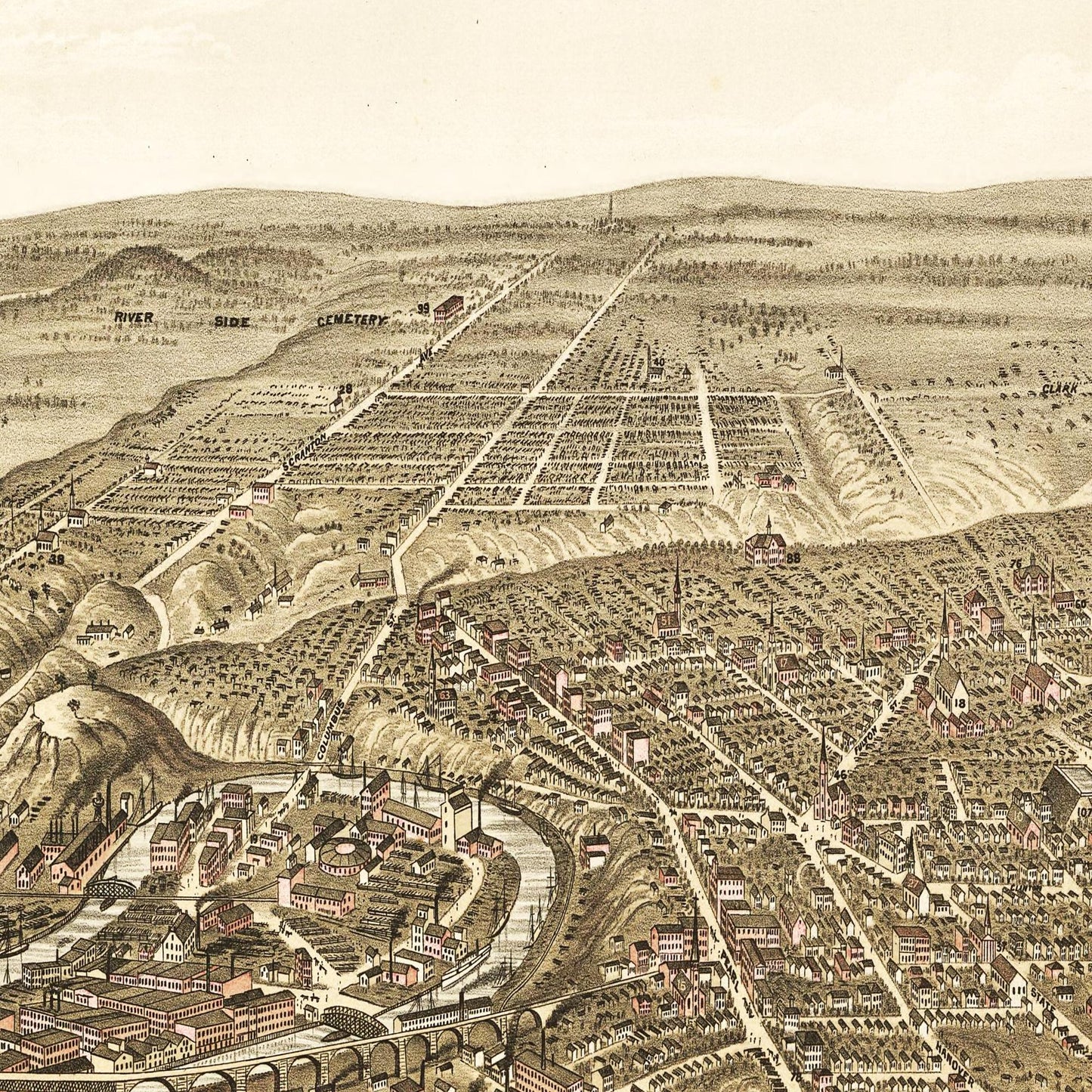 Historische Stadtansicht Cleveland um 1877
