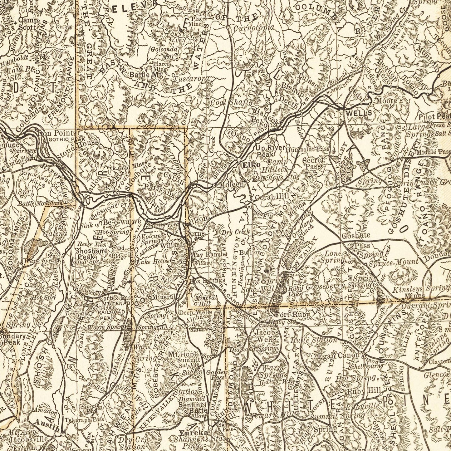 Historische Landkarte Kalifornien & Nevada um 1882