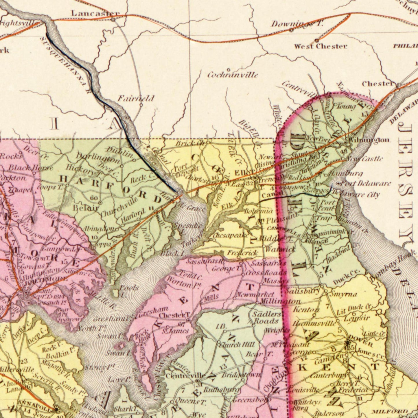 Historische Landkarte Delaware & Maryland um 1849