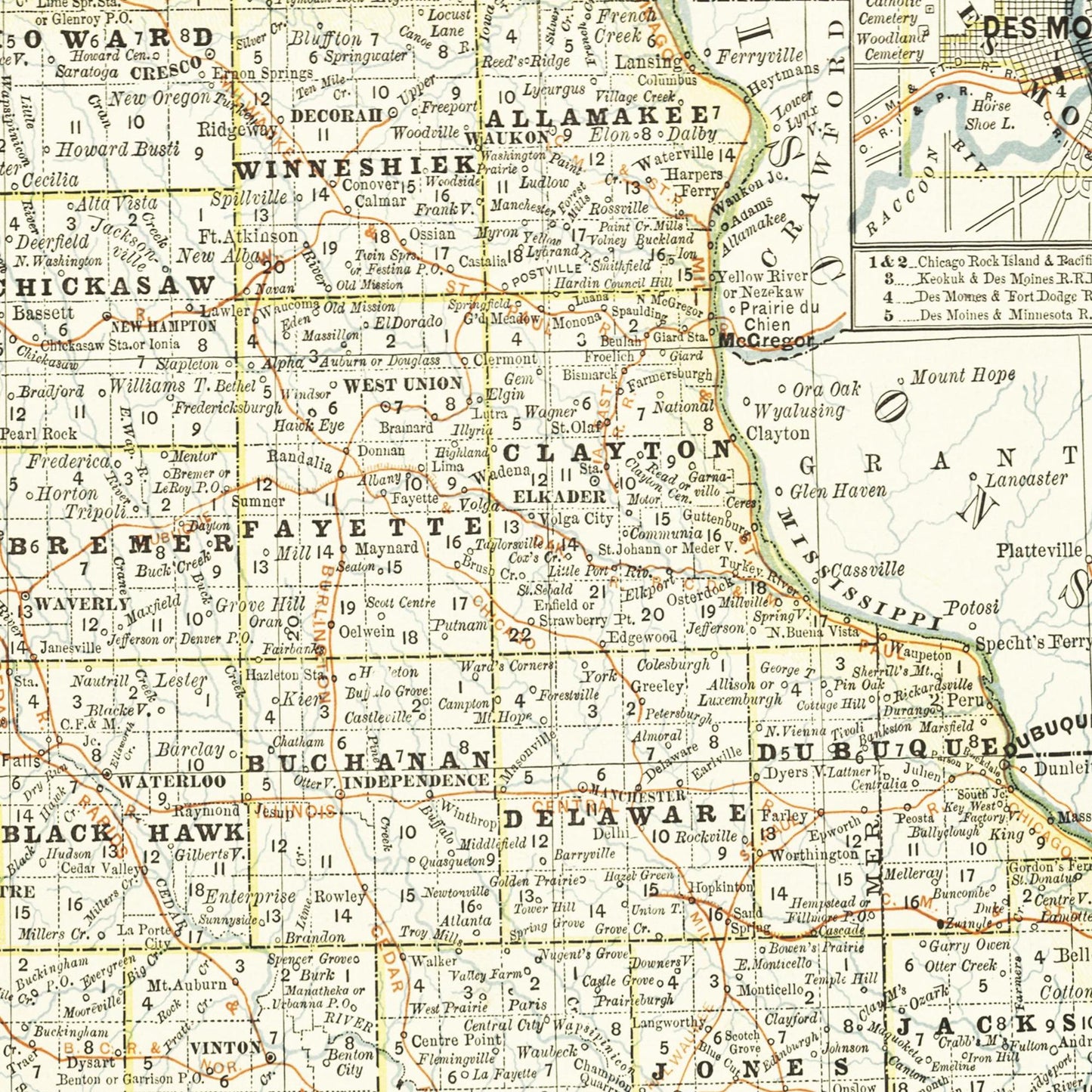 Historische Landkarte Iowa um 1882