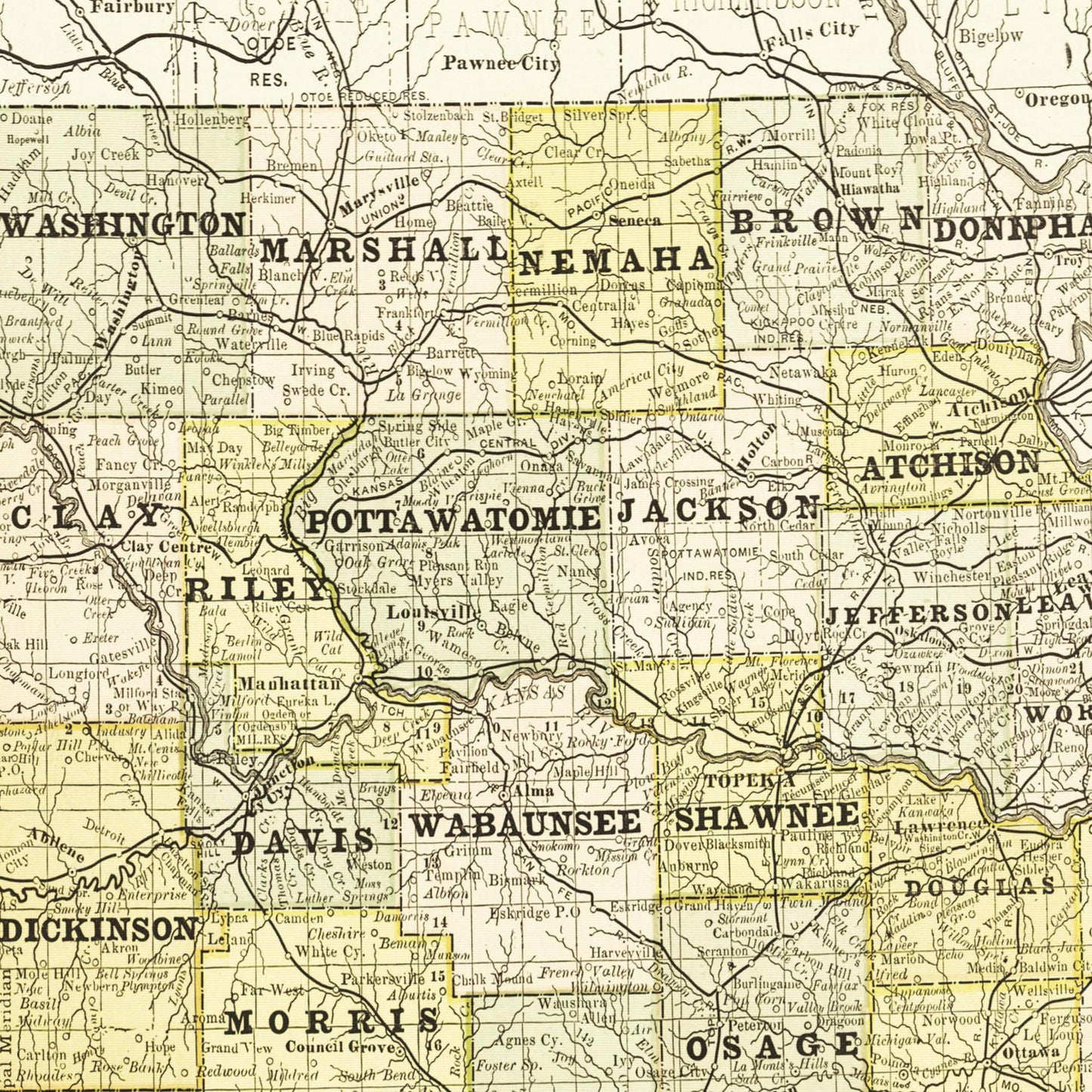 Historische Landkarte Kansas um 1882