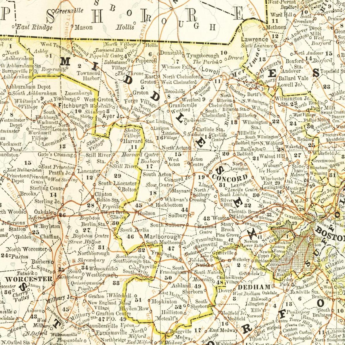 Historische Landkarte Massachusetts um 1882