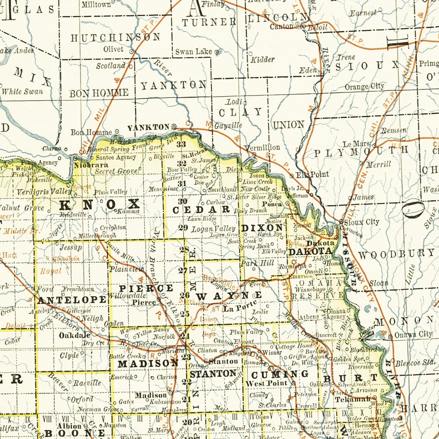 Historische Landkarte Nebraska um 1882