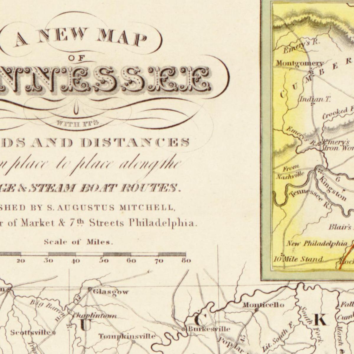 Historische Landkarte Tennessee um 1849