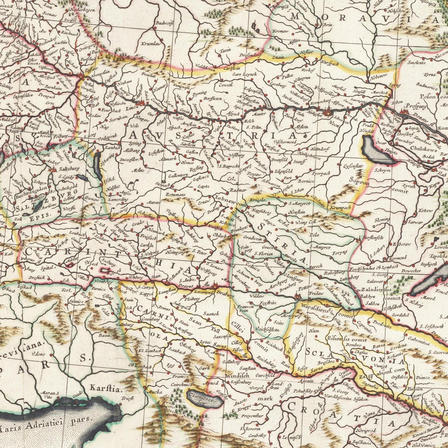 Historische Landkarte Lauf der Donau um 1635