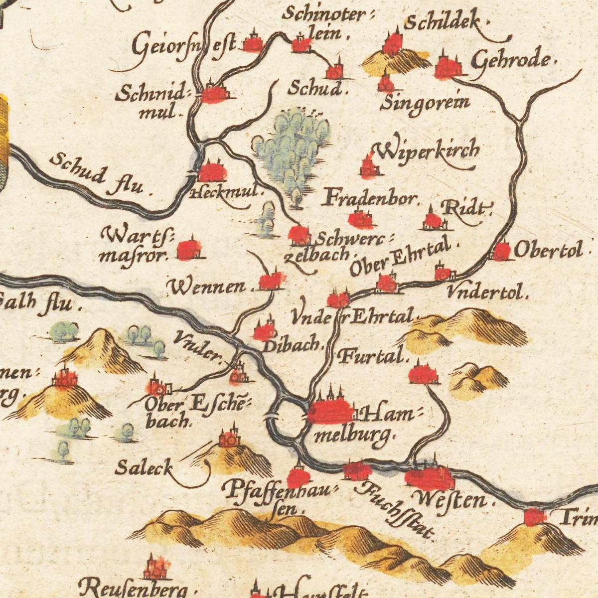 Historische Landkarte Fulda um 1609