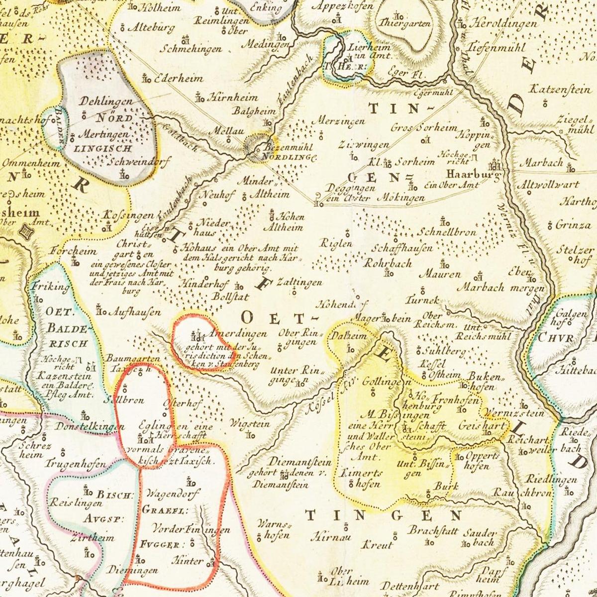 Historische Landkarte Oettingen um 1744