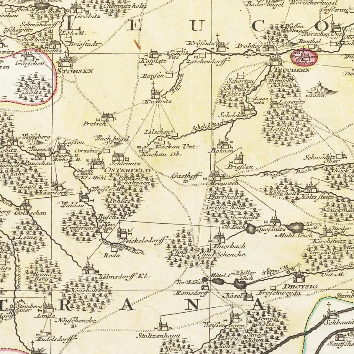 Historische Landkarte Teuchern um 1750
