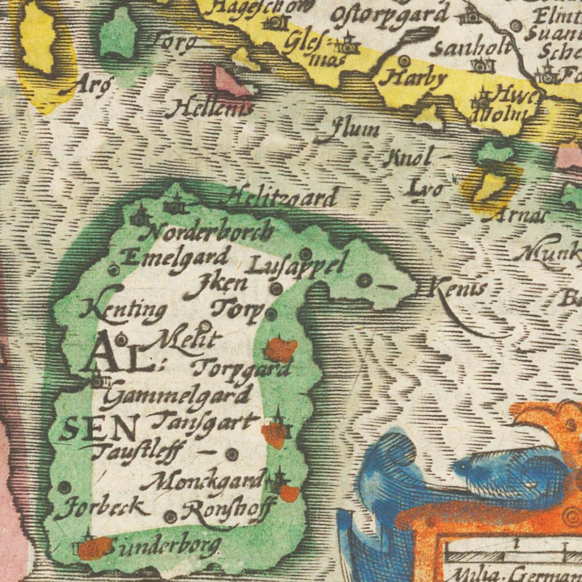Historische Landkarte Insel Fünen um 1609