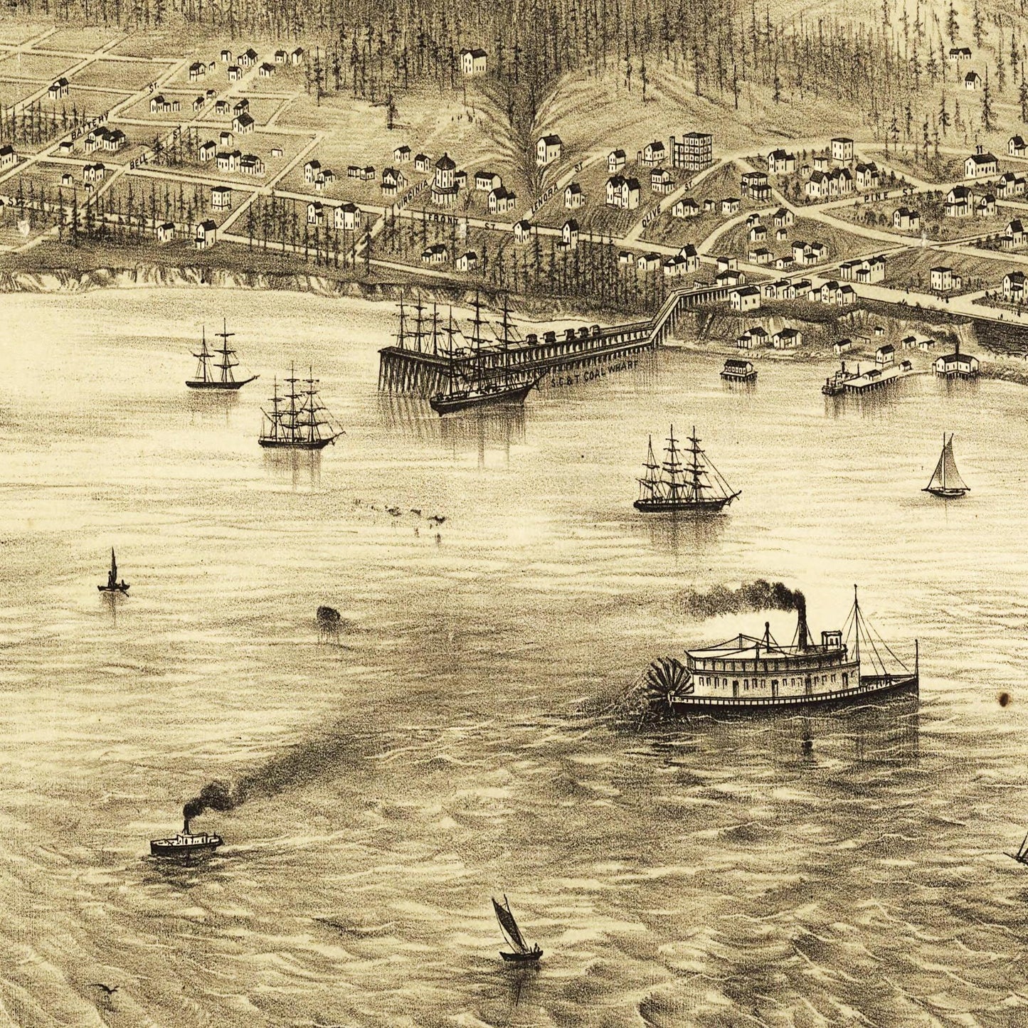 Historische Stadtansicht Seattle um 1878
