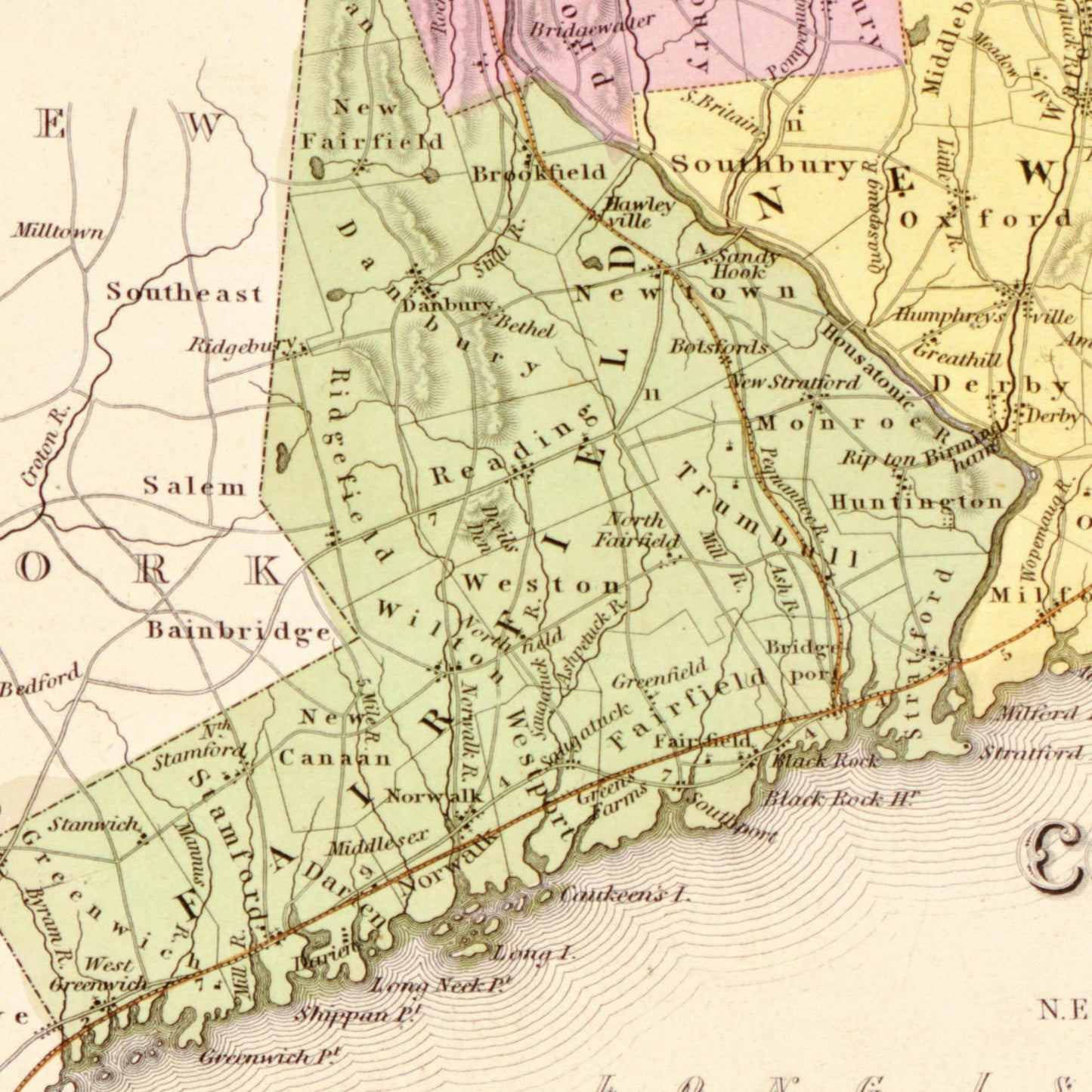 Historische Landkarte Connecticut um 1849