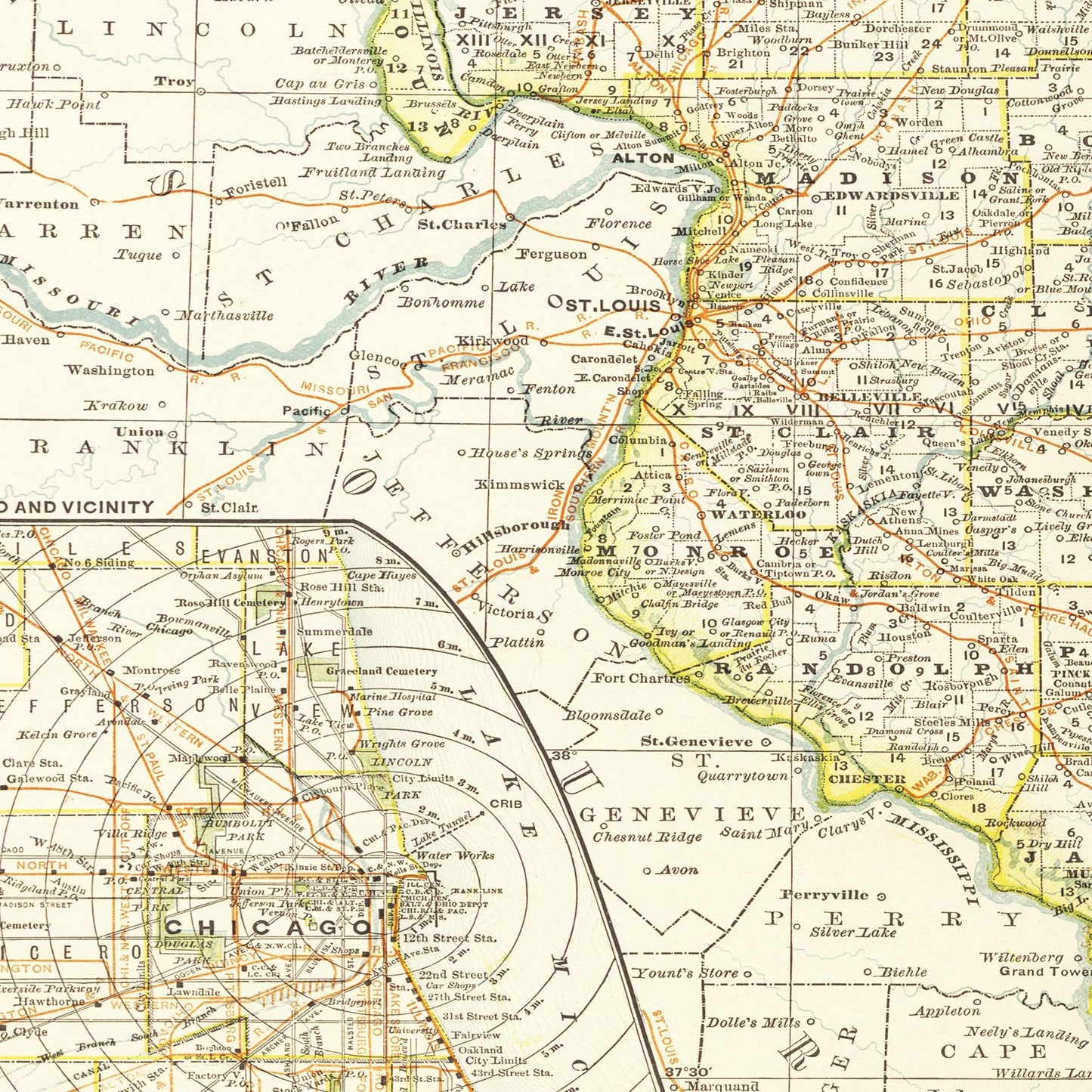 Historische Landkarte Illinois um 1882