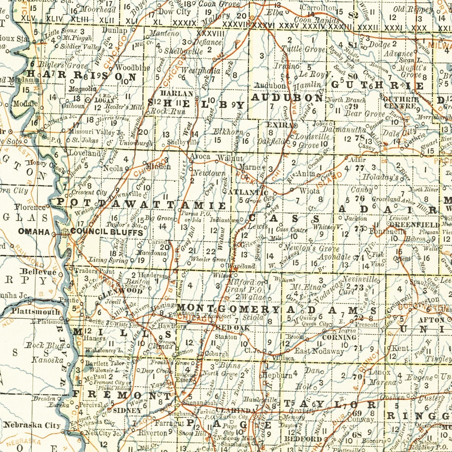 Historische Landkarte Iowa um 1882