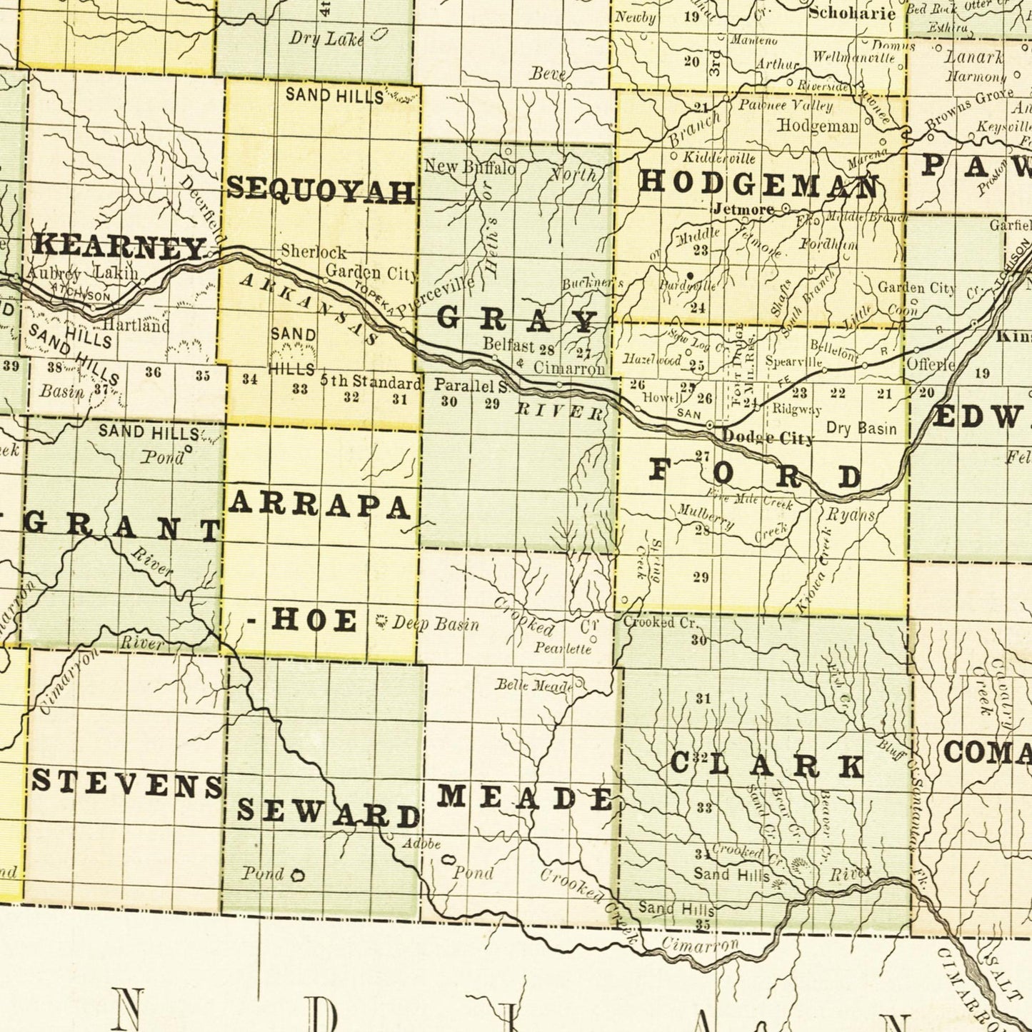 Historische Landkarte Kansas um 1882