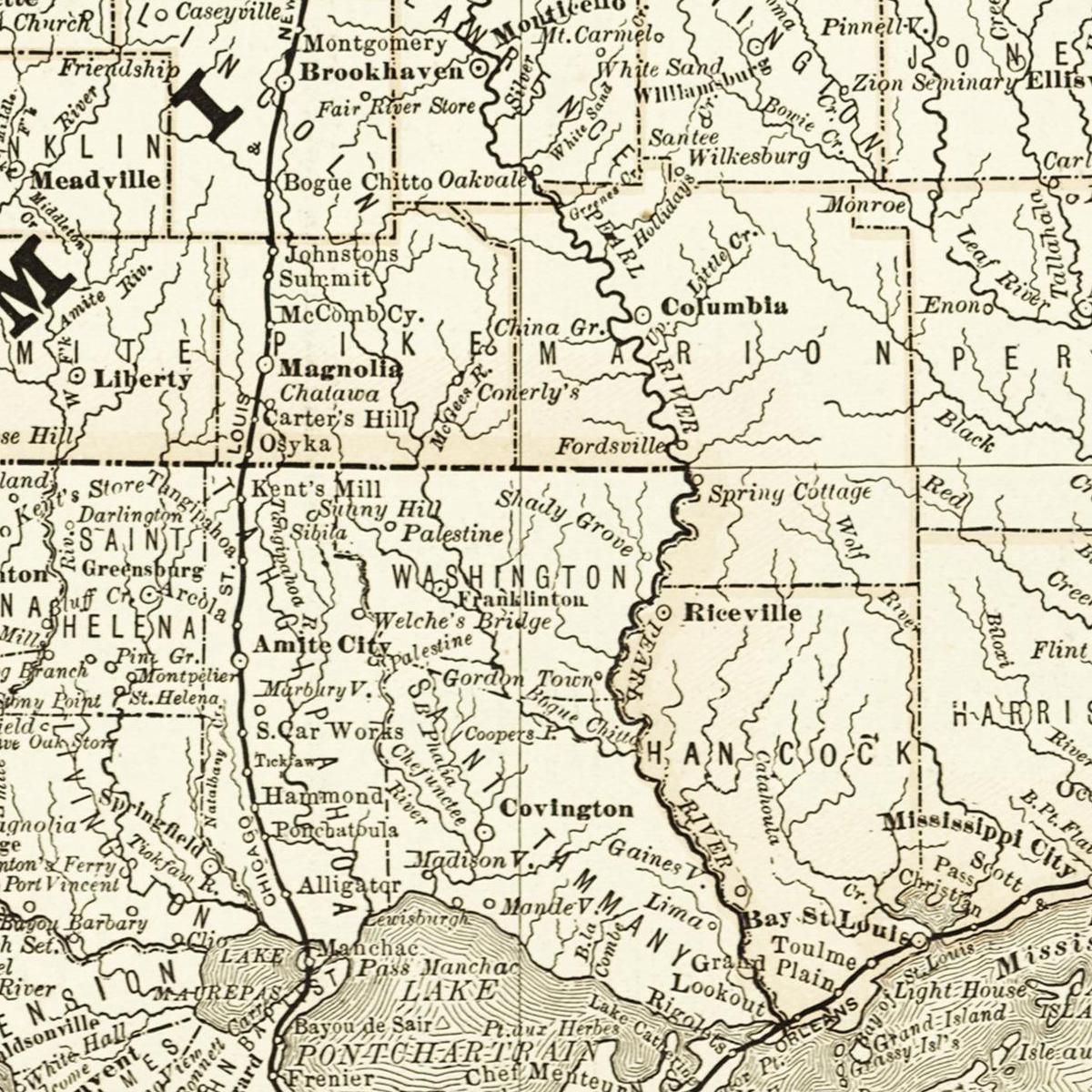 Historische Landkarte Mississippi um 1882