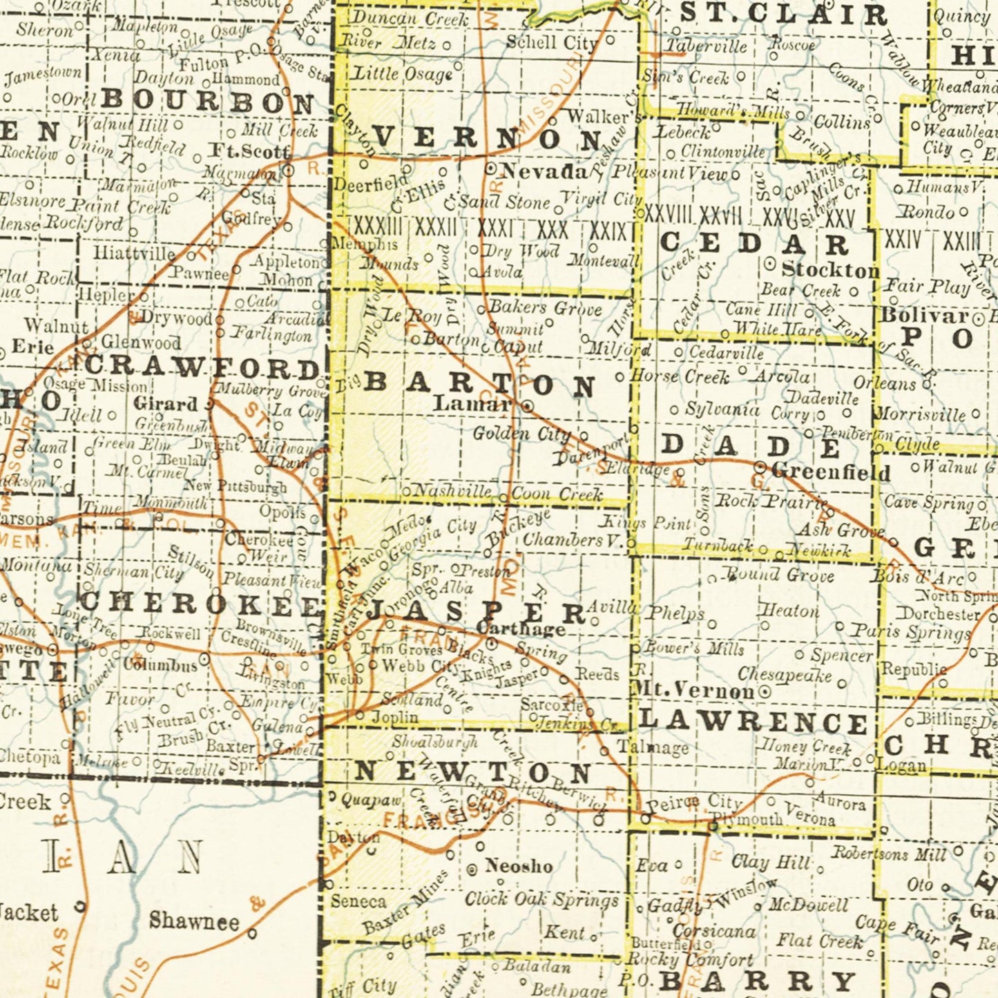 Historische Landkarte Missouri um 1882