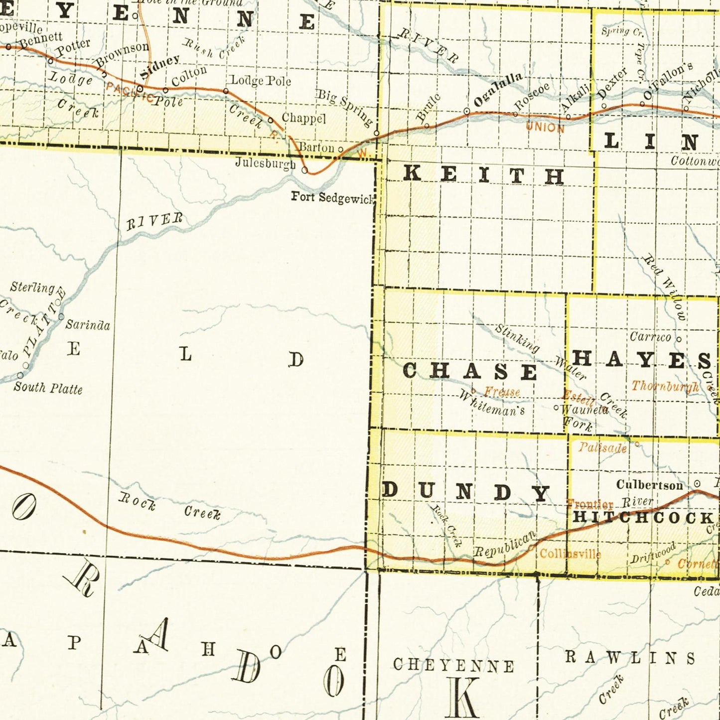Historische Landkarte Nebraska um 1882