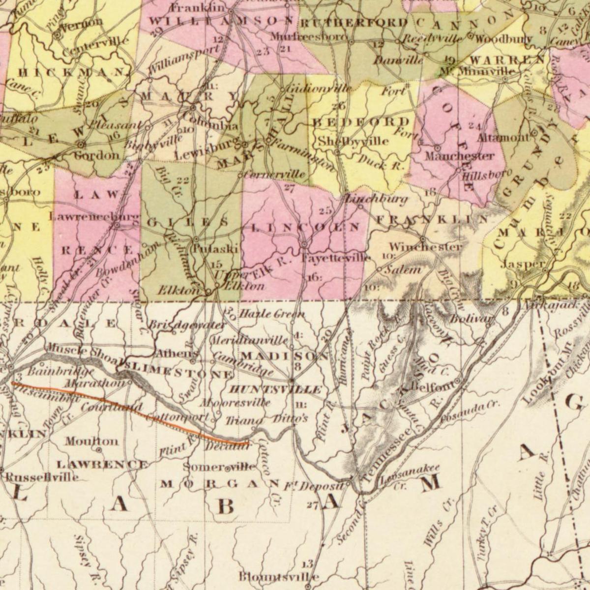 Historische Landkarte Tennessee um 1849