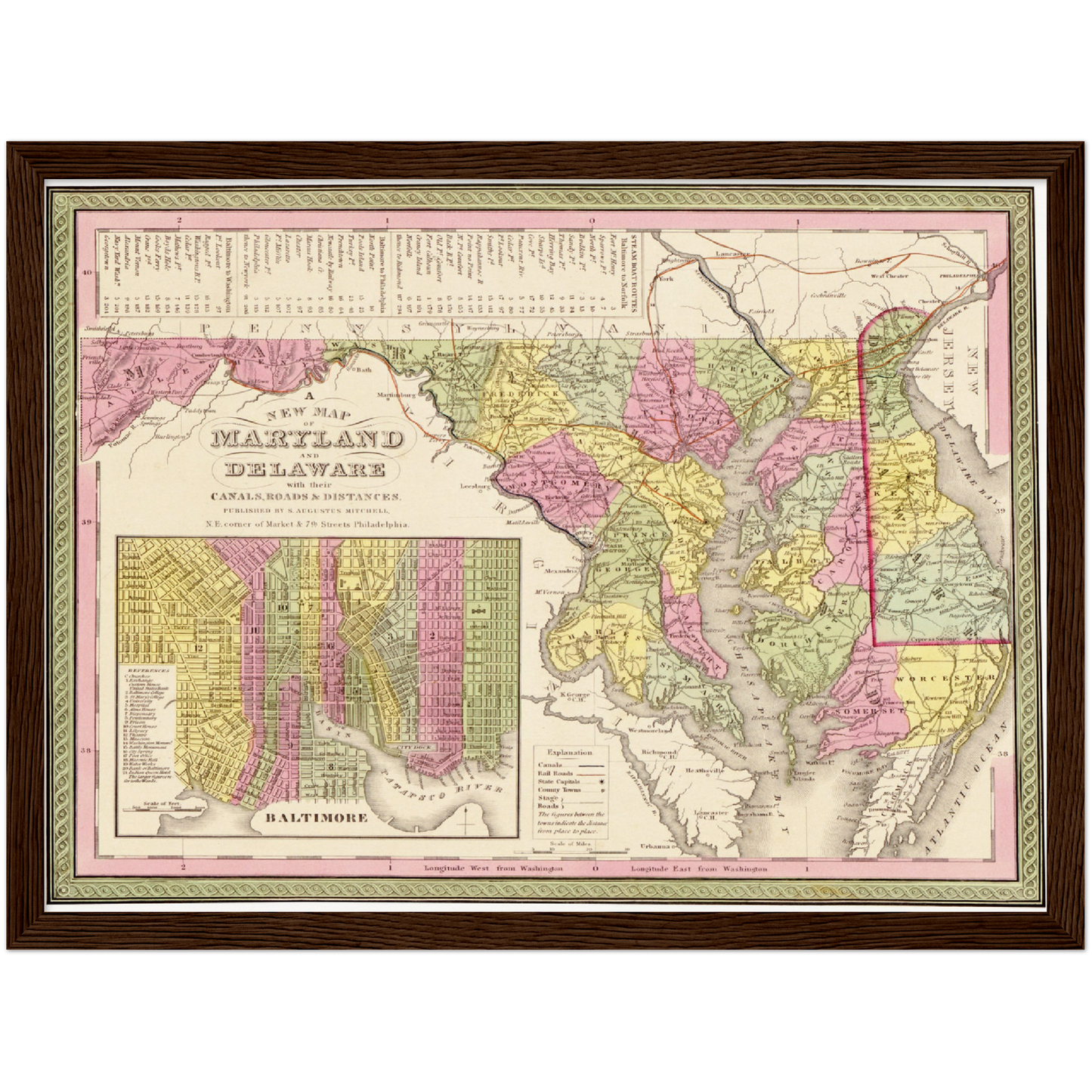 Historische Landkarte Delaware & Maryland um 1849