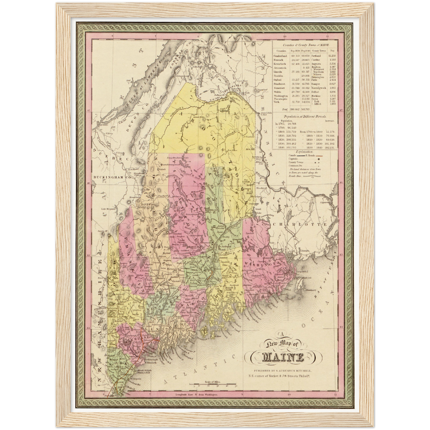 Historische Landkarte Maine um 1849