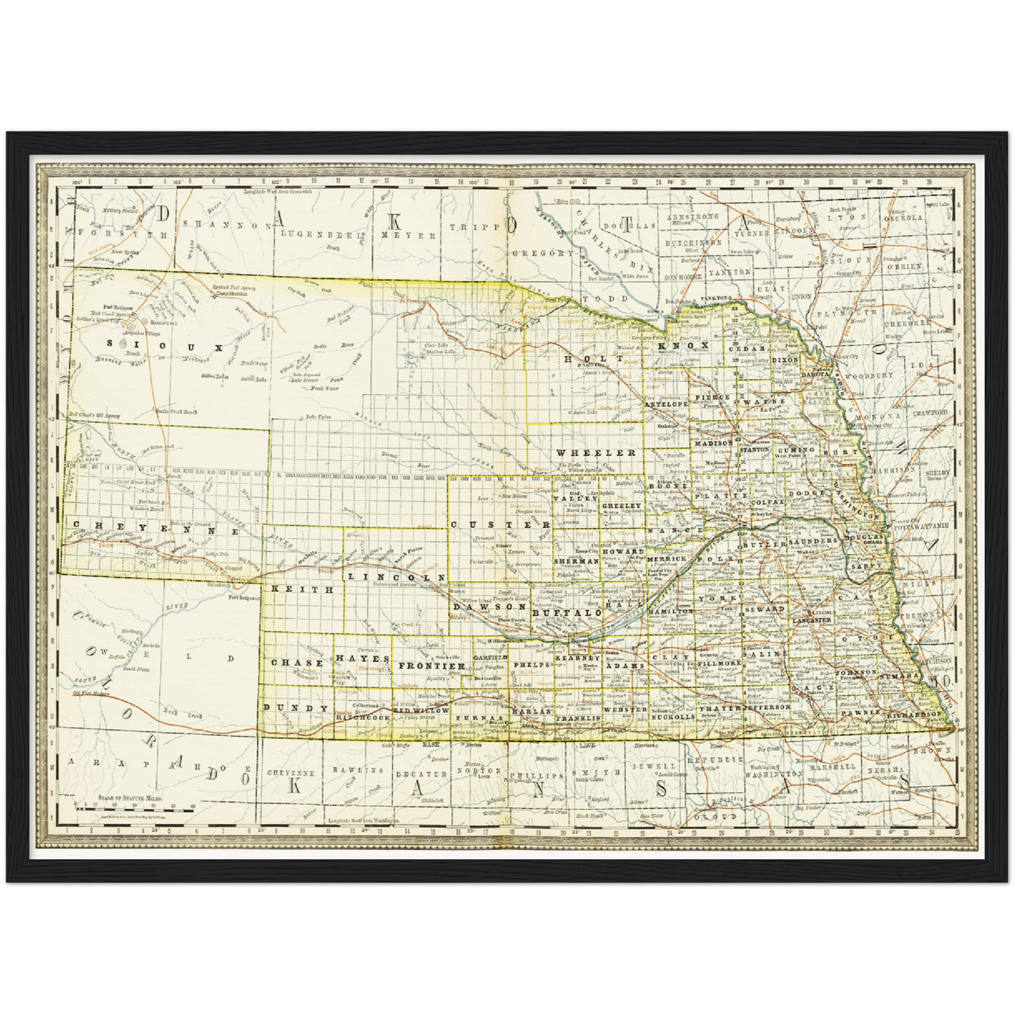 Historische Landkarte Nebraska um 1882