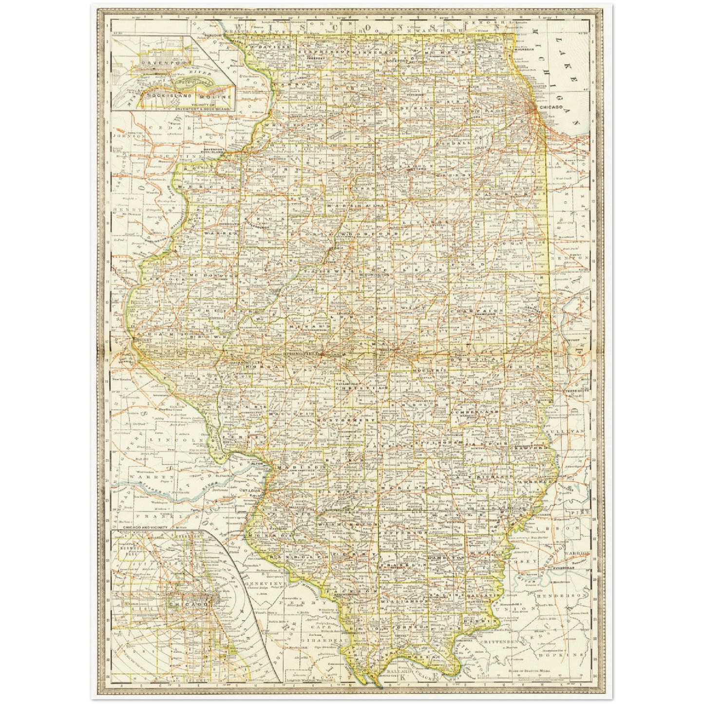 Historische Landkarte Illinois um 1882