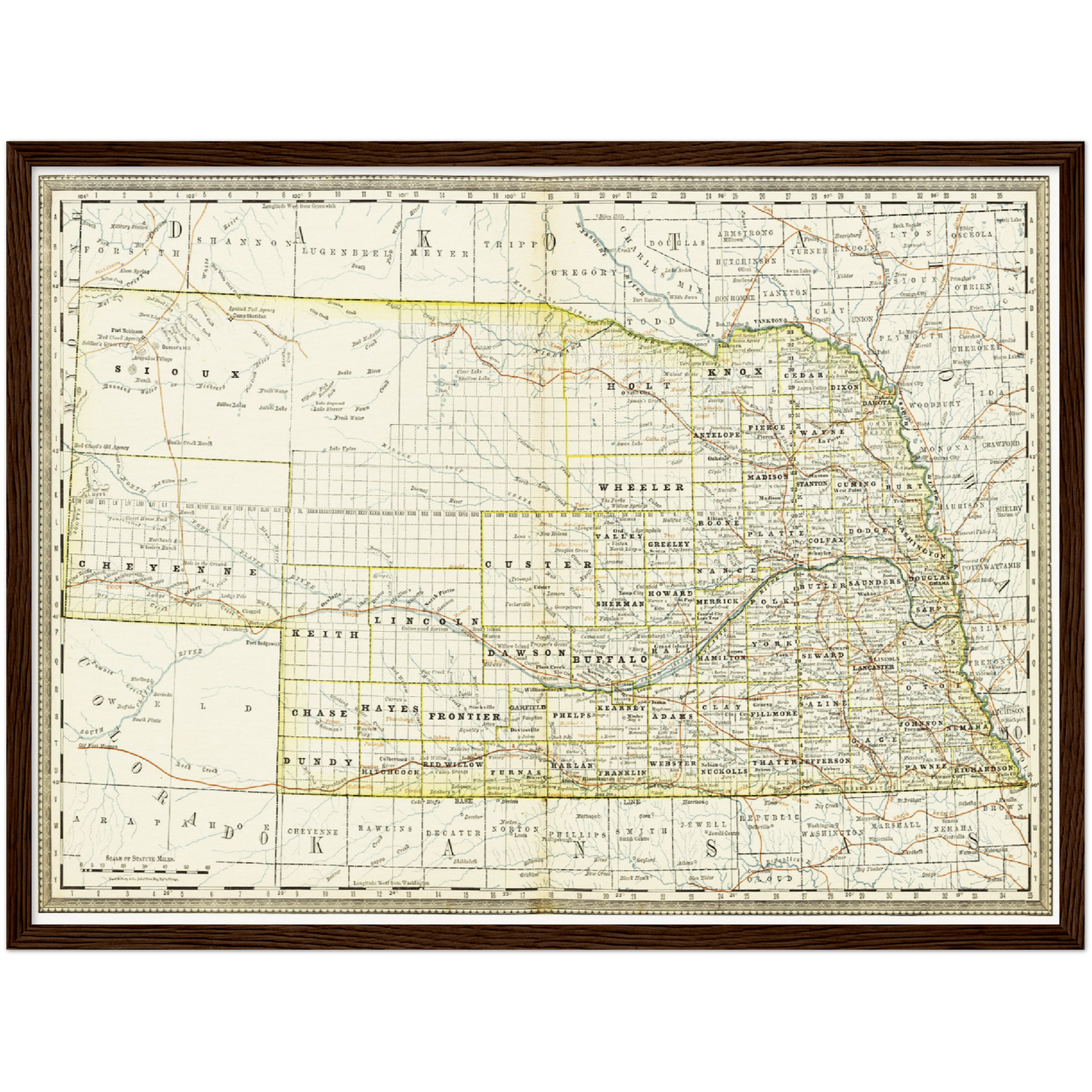 Historische Landkarte Nebraska um 1882