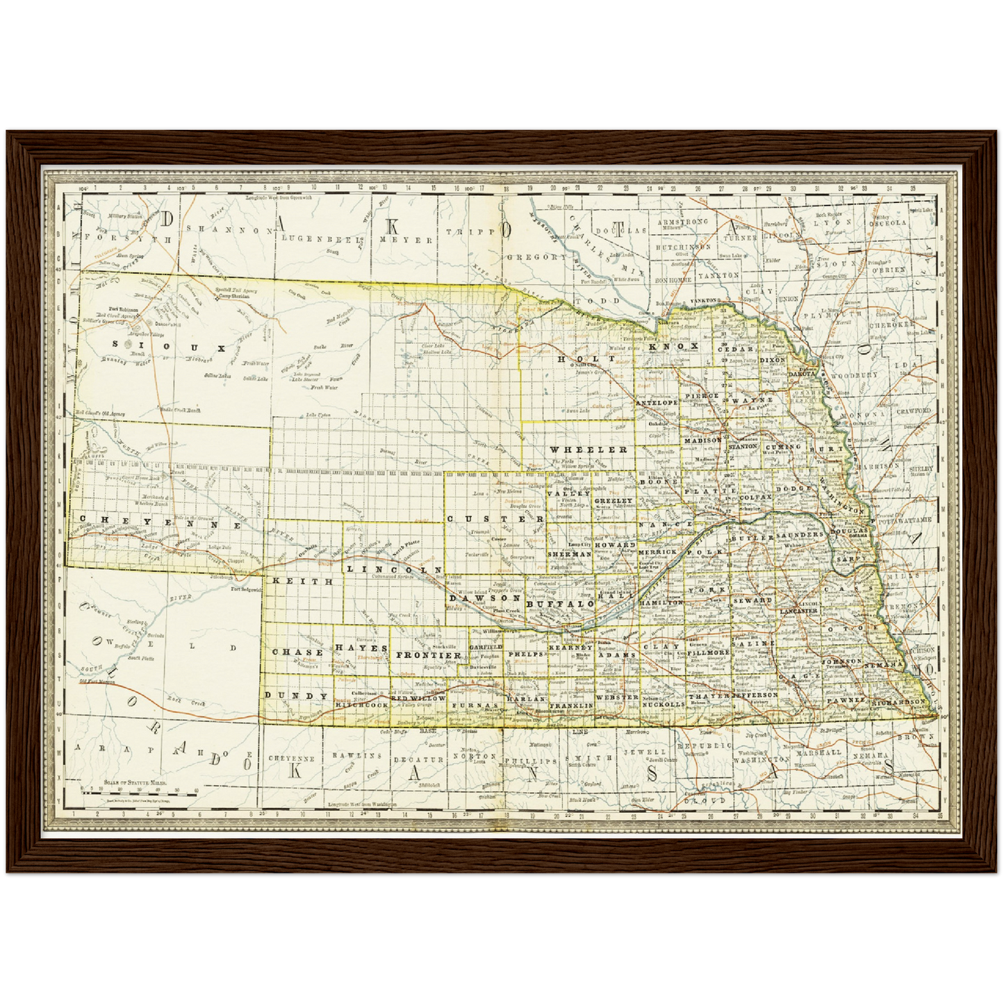 Historische Landkarte Nebraska um 1882