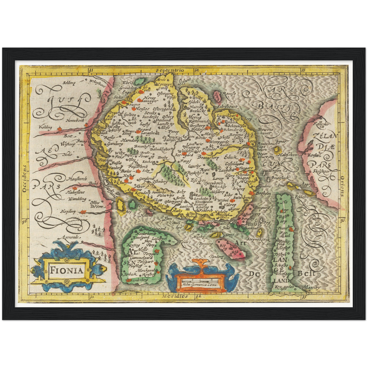 Historische Landkarte Insel Fünen um 1609