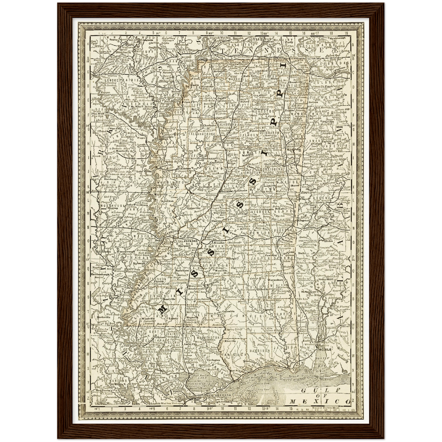 Historische Landkarte Mississippi um 1882