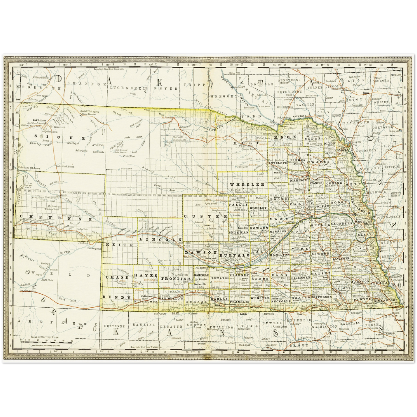 Historische Landkarte Nebraska um 1882