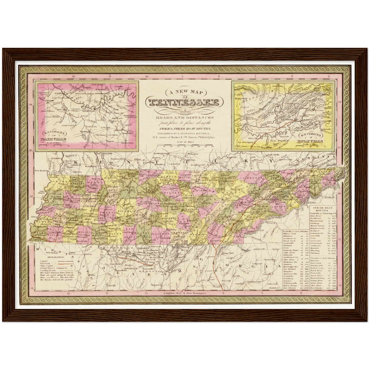 Historische Landkarte Tennessee um 1849