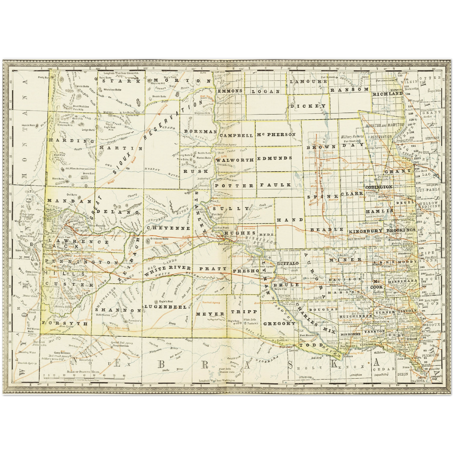 Historische Landkarte South Dakota um 1882