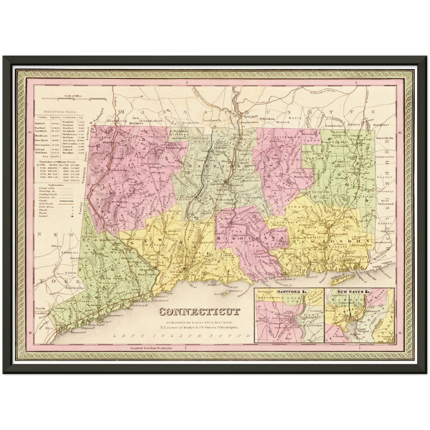 Historische Landkarte Connecticut um 1849