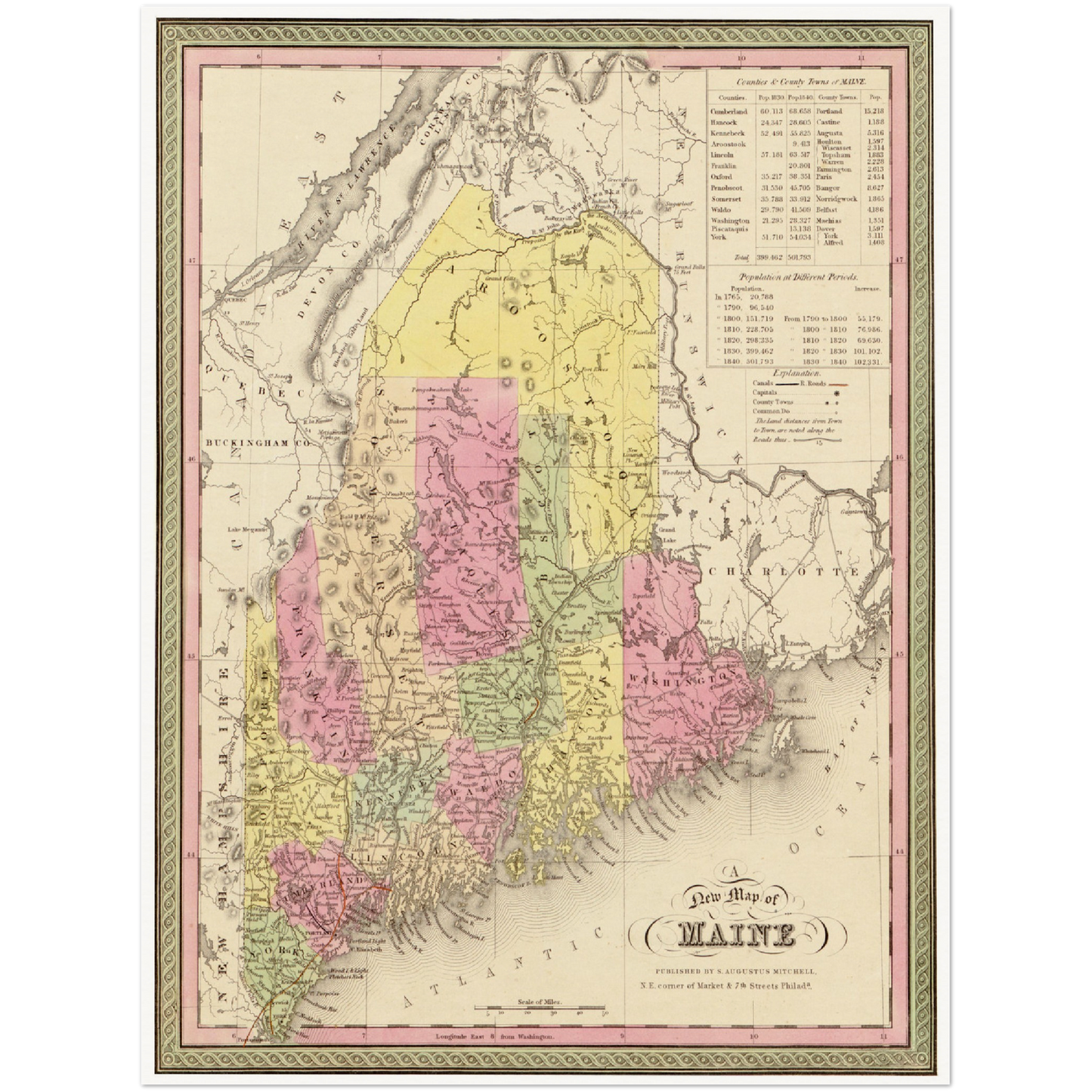 Historische Landkarte Maine um 1849
