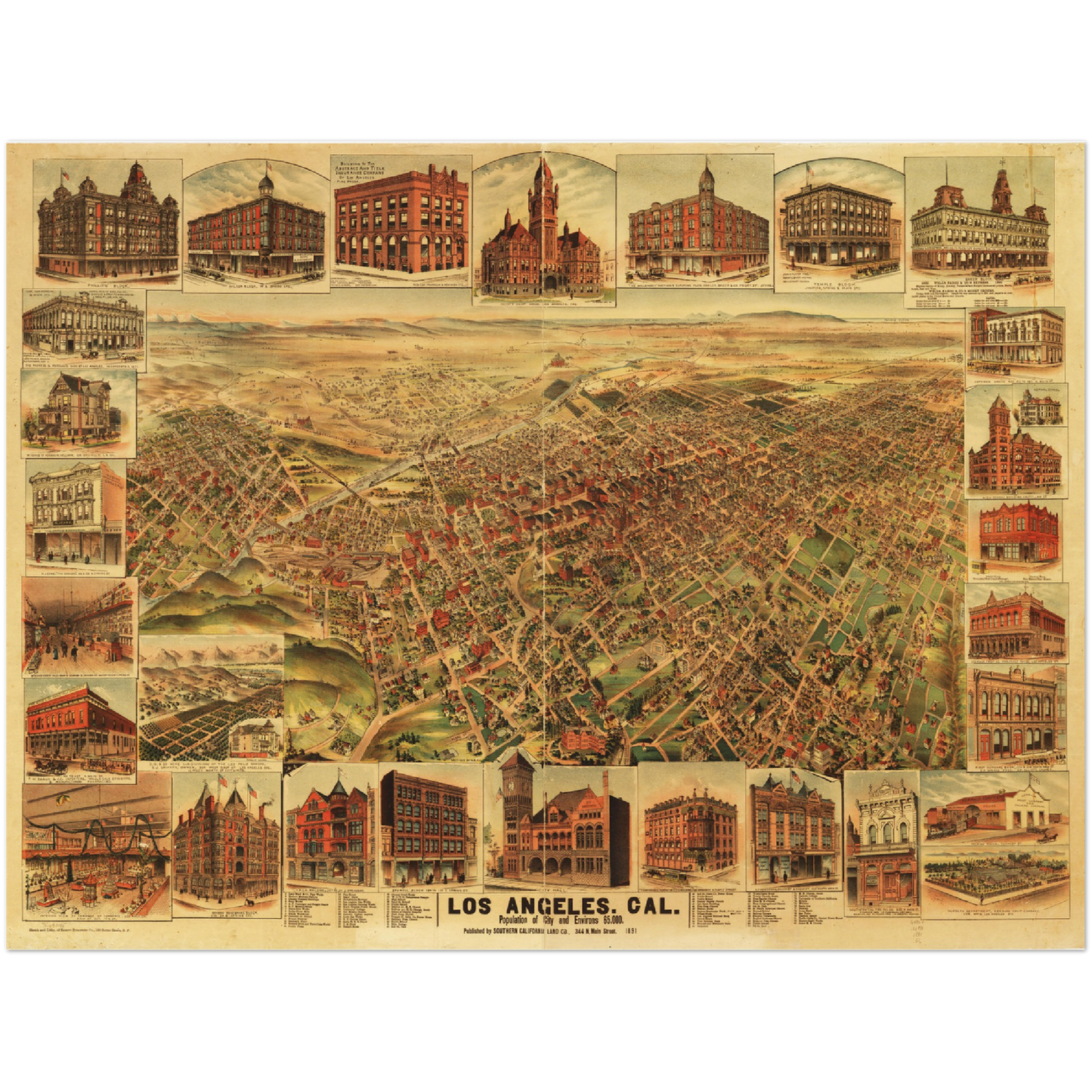 Historische Stadtansicht Los Angeles um 1891
