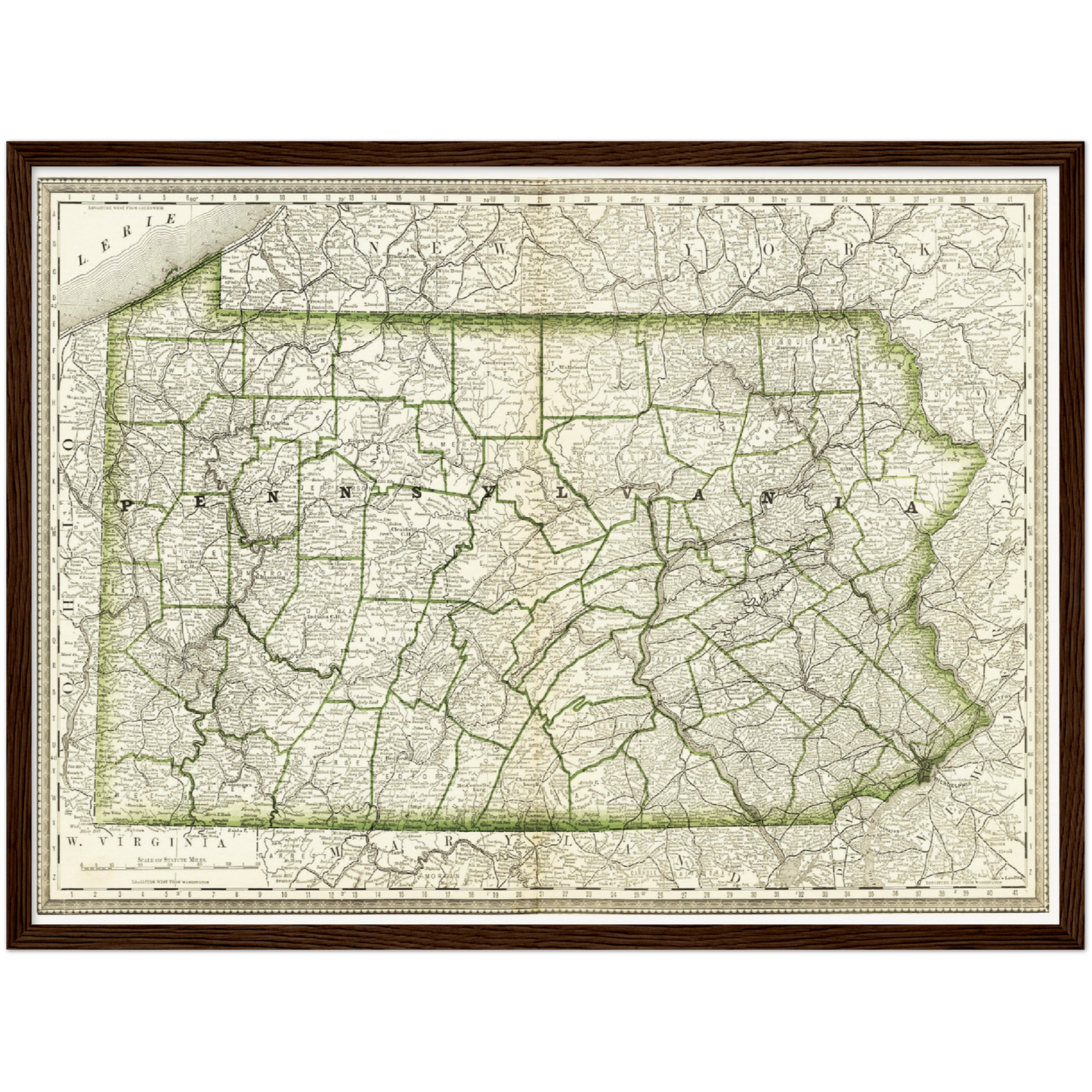 Historische Landkarte Pennsylvania um 1882