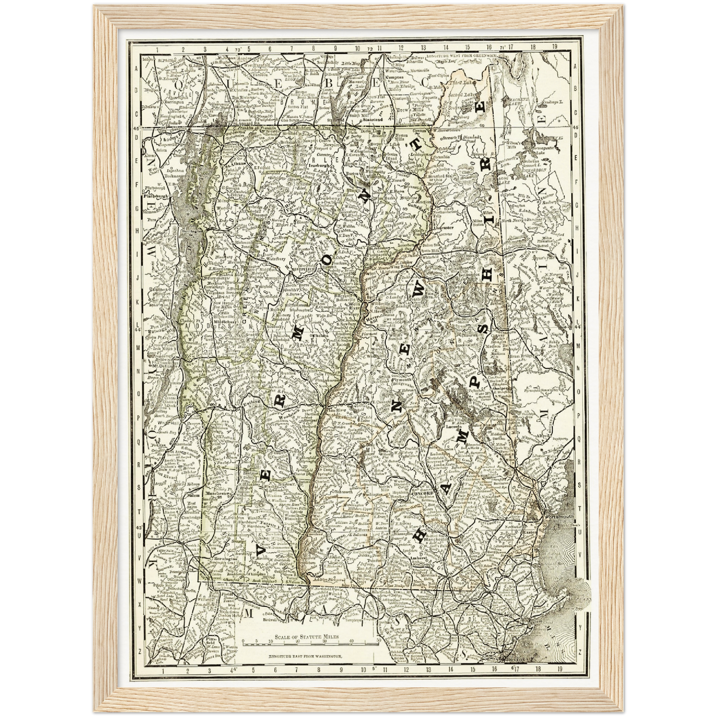 Historische Landkarte New Hampshire & Vermont um 1882