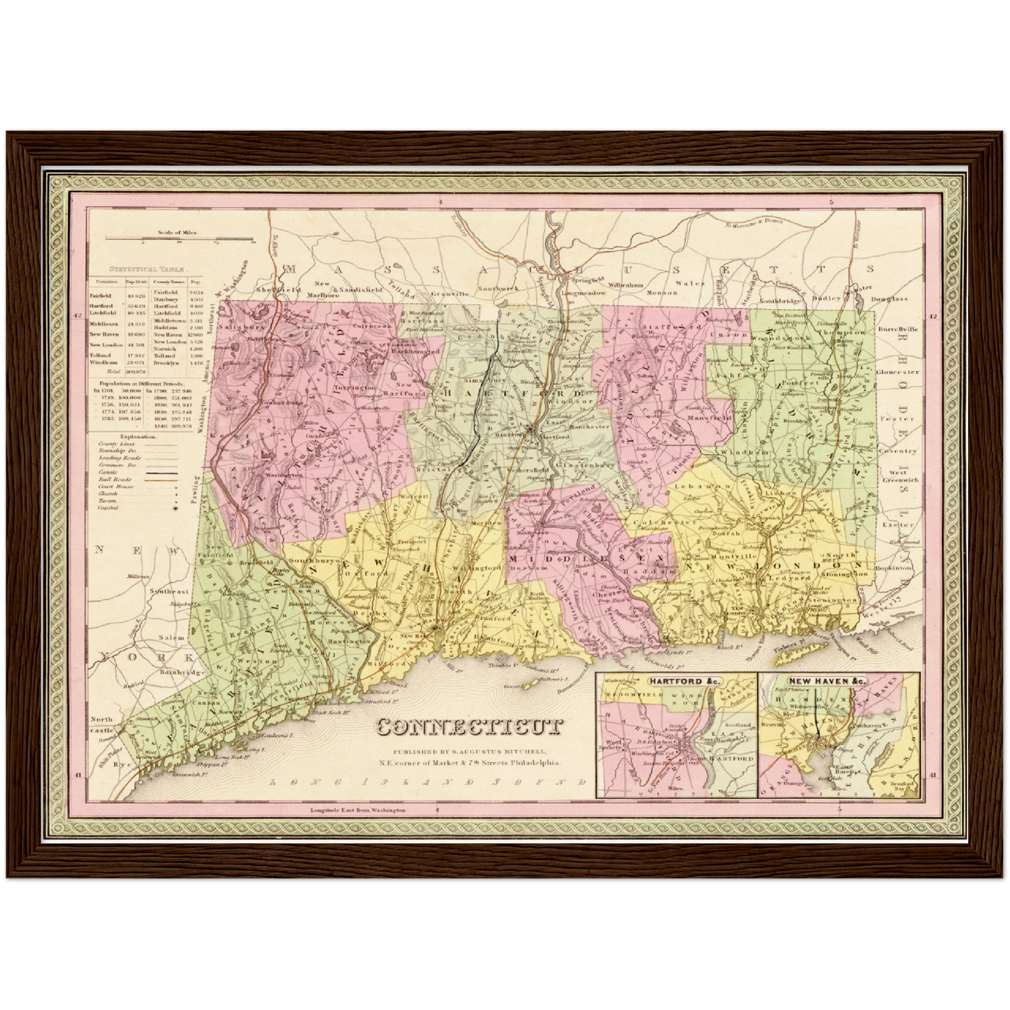 Historische Landkarte Connecticut um 1849