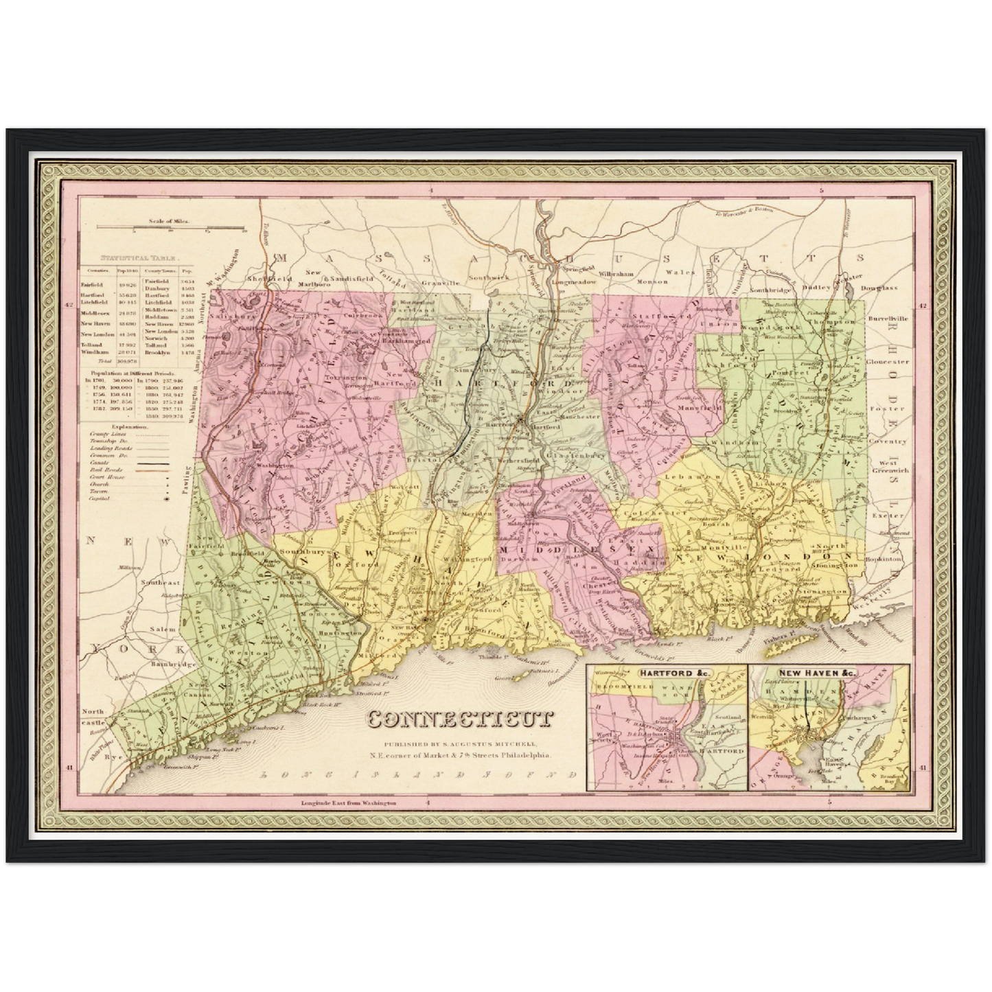 Historische Landkarte Connecticut um 1849