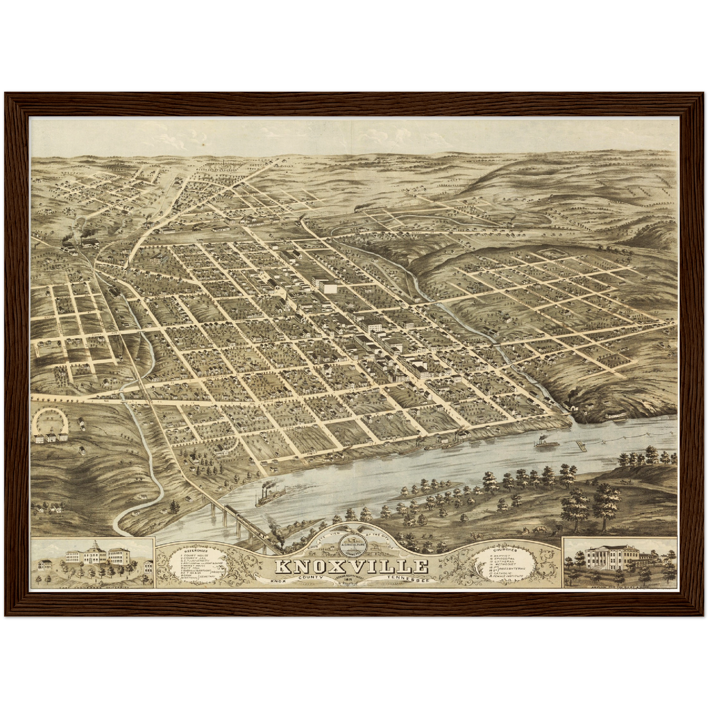 Historische Stadtansicht Knoxville um 1871
