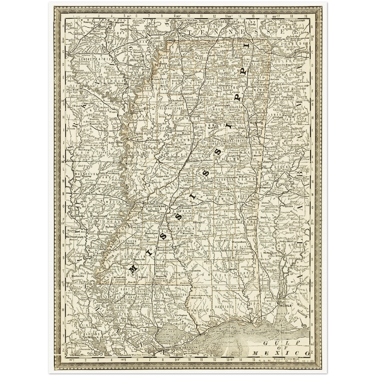Historische Landkarte Mississippi um 1882