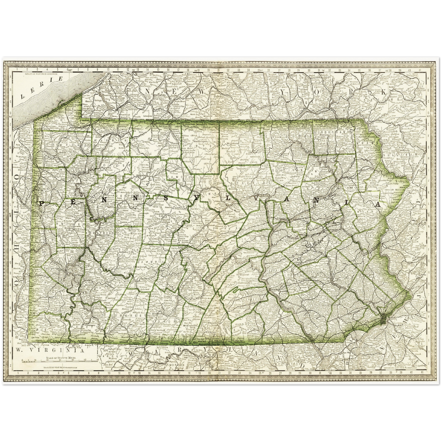 Historische Landkarte Pennsylvania um 1882