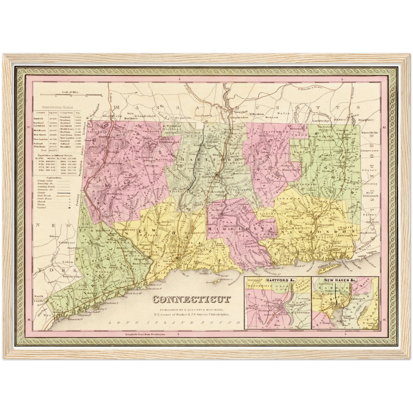 Historische Landkarte Connecticut um 1849
