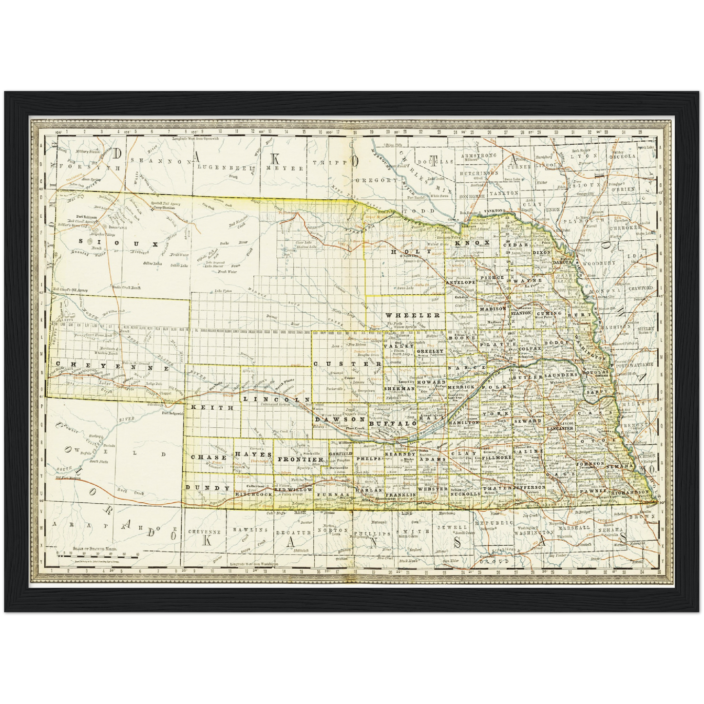 Historische Landkarte Nebraska um 1882