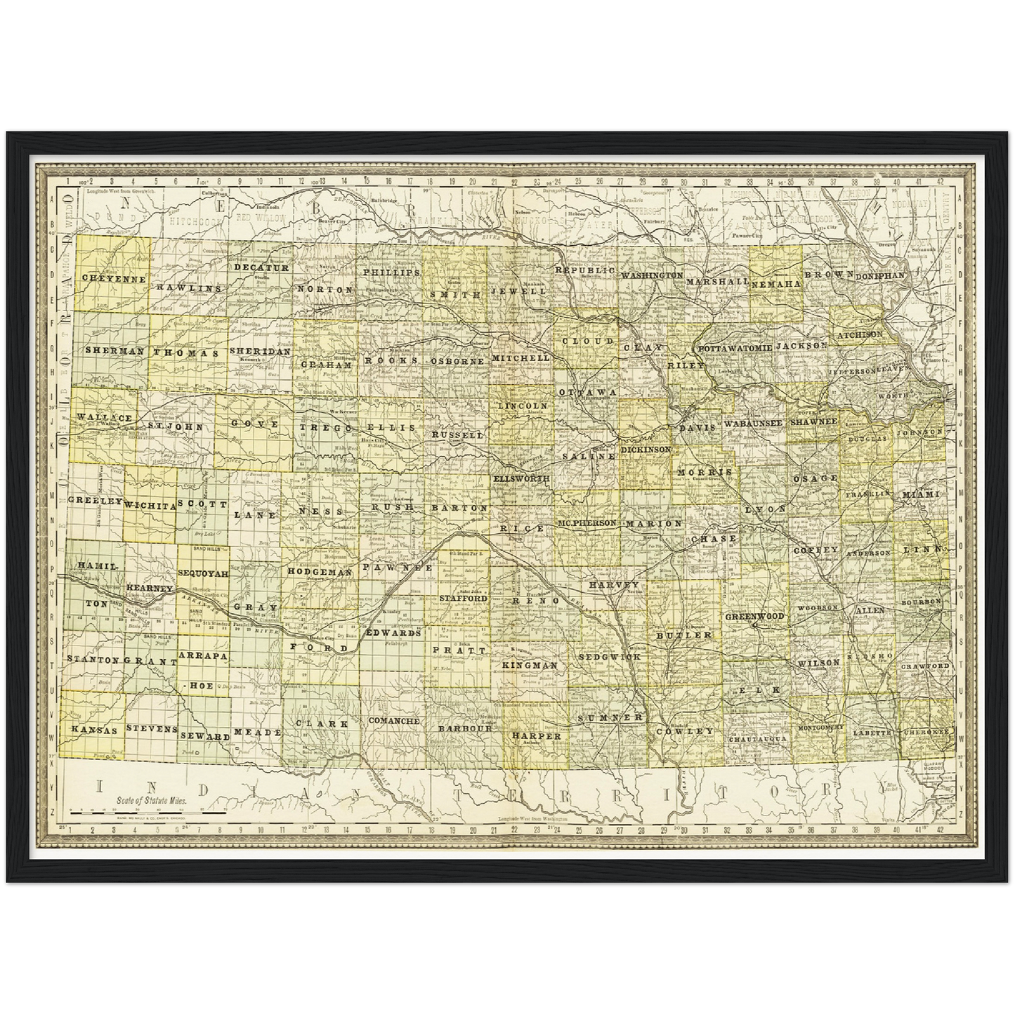 Historische Landkarte Kansas um 1882