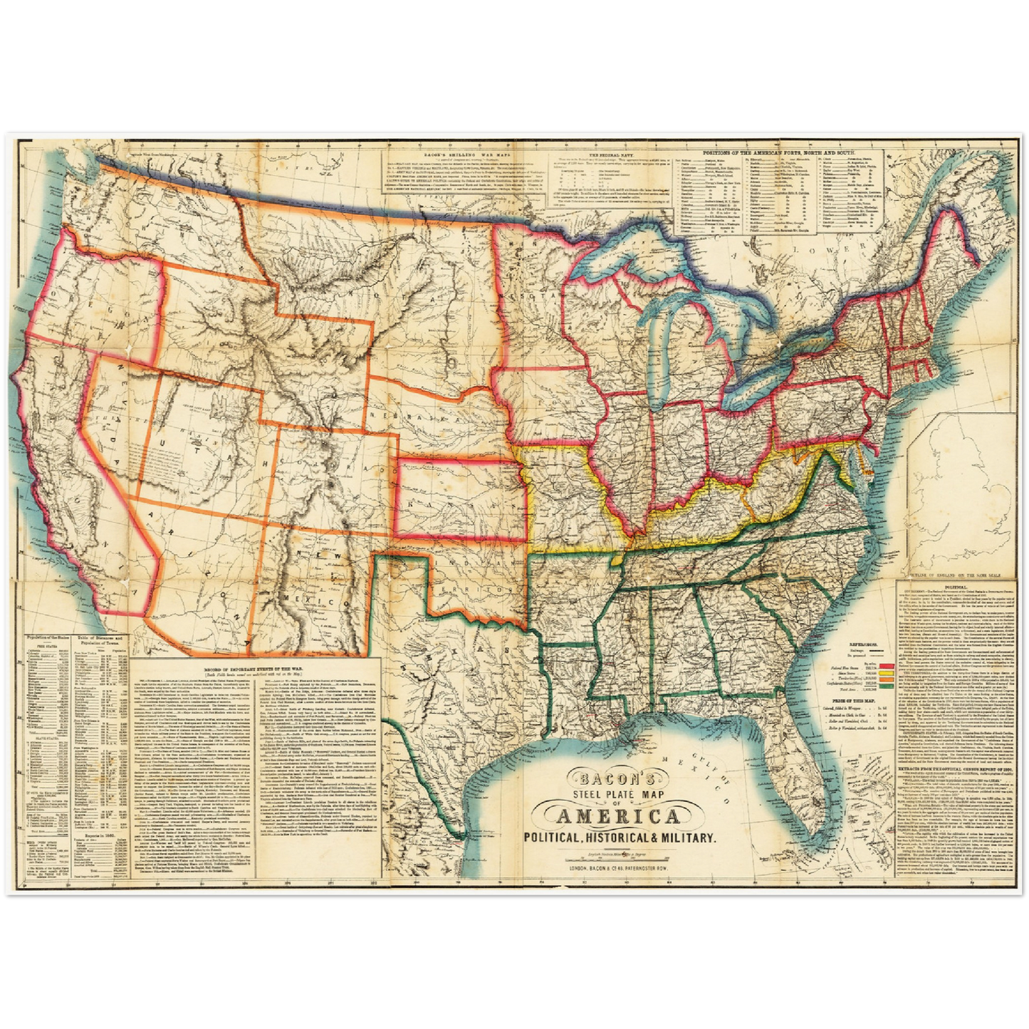 Historische Landkarte USA um 1863