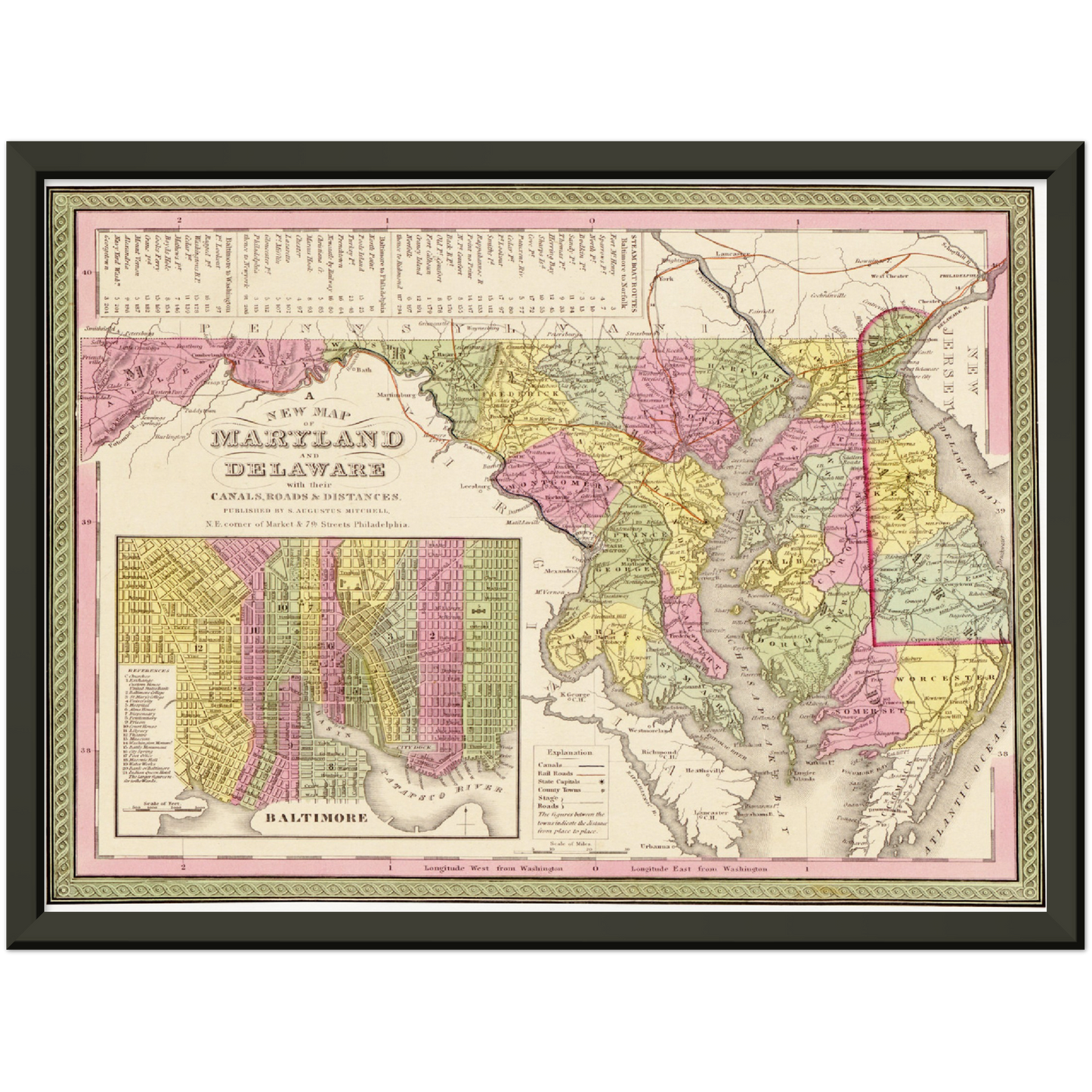 Historische Landkarte Delaware & Maryland um 1849