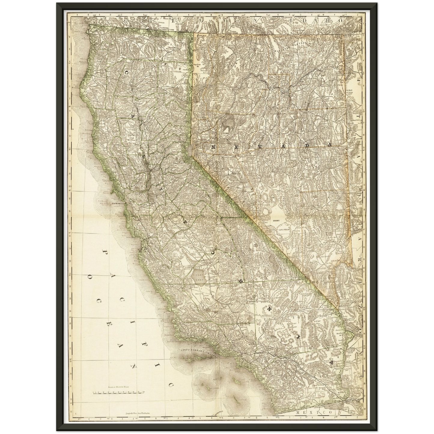 Historische Landkarte Kalifornien & Nevada um 1882